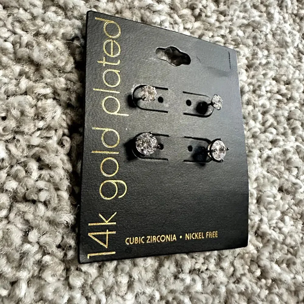 Earrings Studs Cubic Zurconia Set of 2 14K Gold Plated NEW